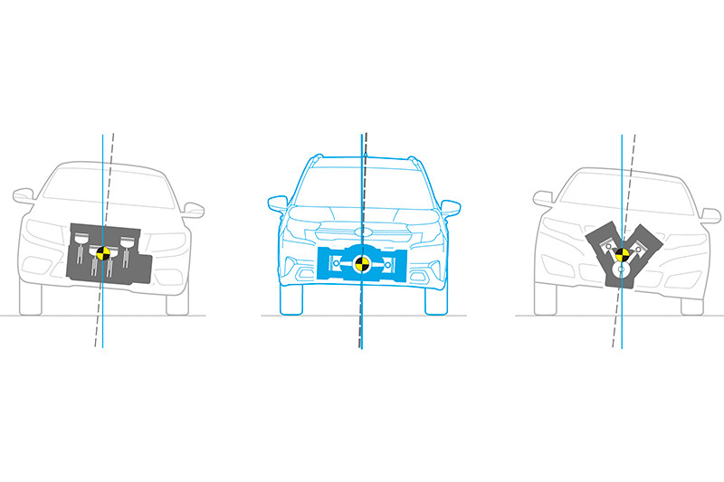 Illustration viser, hvordan boxermotorens horisontalt modarbejdende stempler skaber indre balance – i modsætning til række- og V-motorers mere ujævne bevægelsesmønstre.