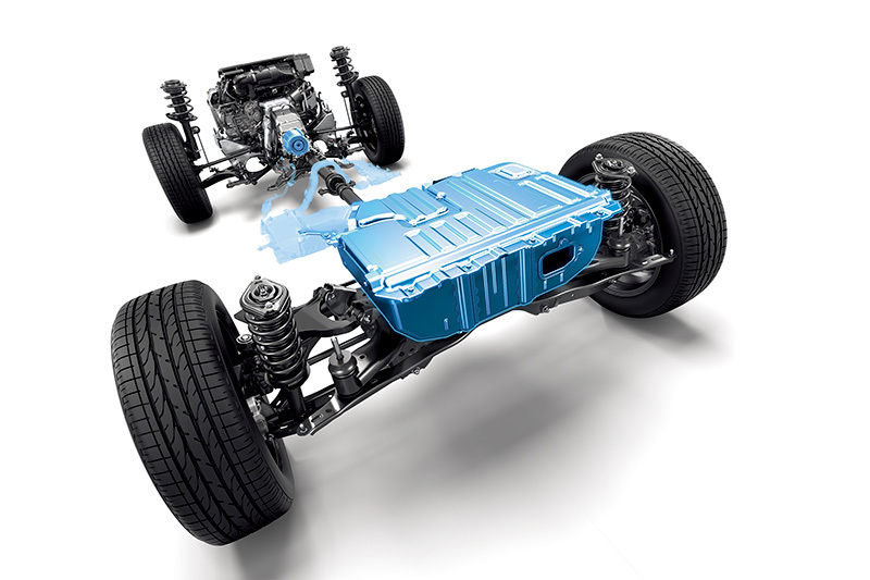 Animeret illustration af Subaru BOXER-motor og e-BOXER-system med elmotoren integreret i drivlinjen.