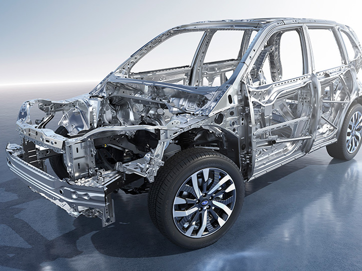 Illustration af Subaru Foresters sikkerhedsbur, der viser bilens forstærkede struktur for øget kollisionssikkerhed.