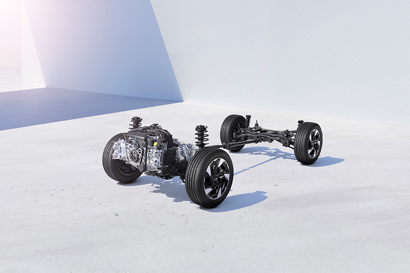 Animation viser Subarus symmetriske firehjulstræk i Crosstrek – med drivlinje og aksler i balance for maksimal stabilitet og vejgreb.