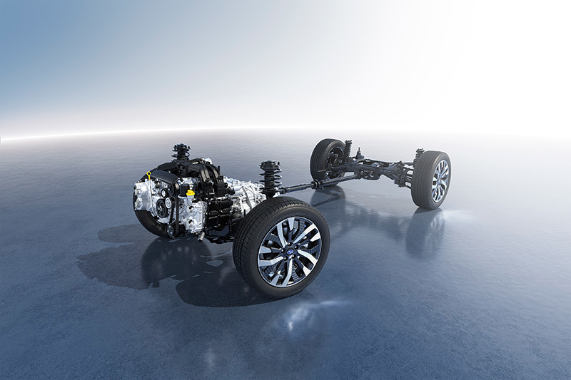 Illustration af Subarus Lineartronic CVT-automatgear med fokus på komponenter og kraftoverførsel.